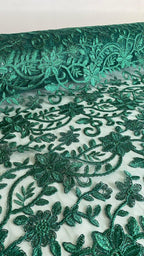 Tul Bordado Con Diseño Floral Con Lentejuela Color Botella -HH193 — Palacio Glamour