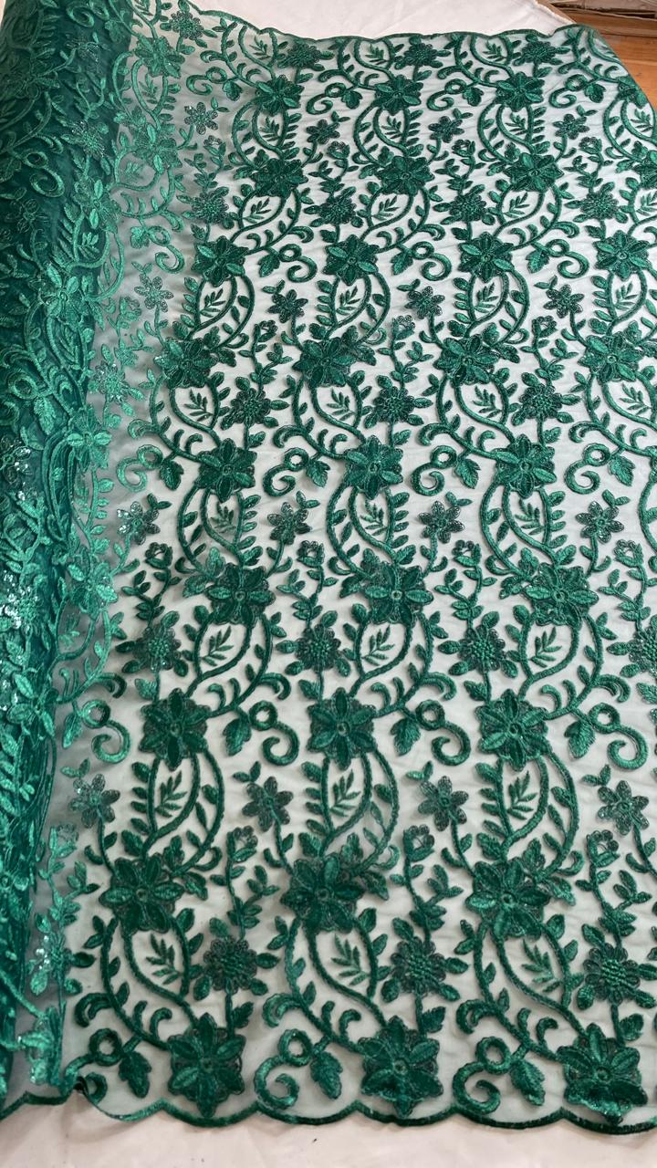 Tul Bordado Con Diseño Floral Con Lentejuela Color Botella -HH193 — Palacio Glamour
