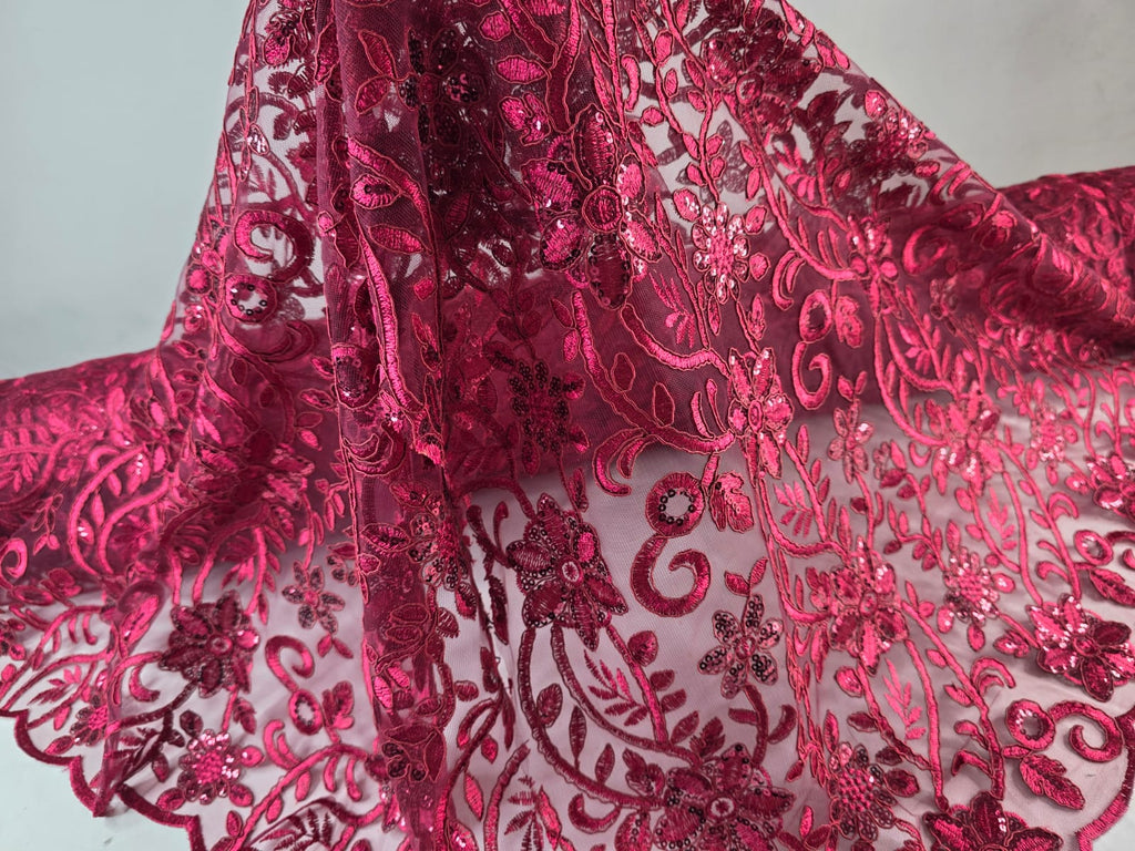 Tul Bordado Con Diseño Floral Con Lentejuela Color Vino -HH193 — Palacio Glamour