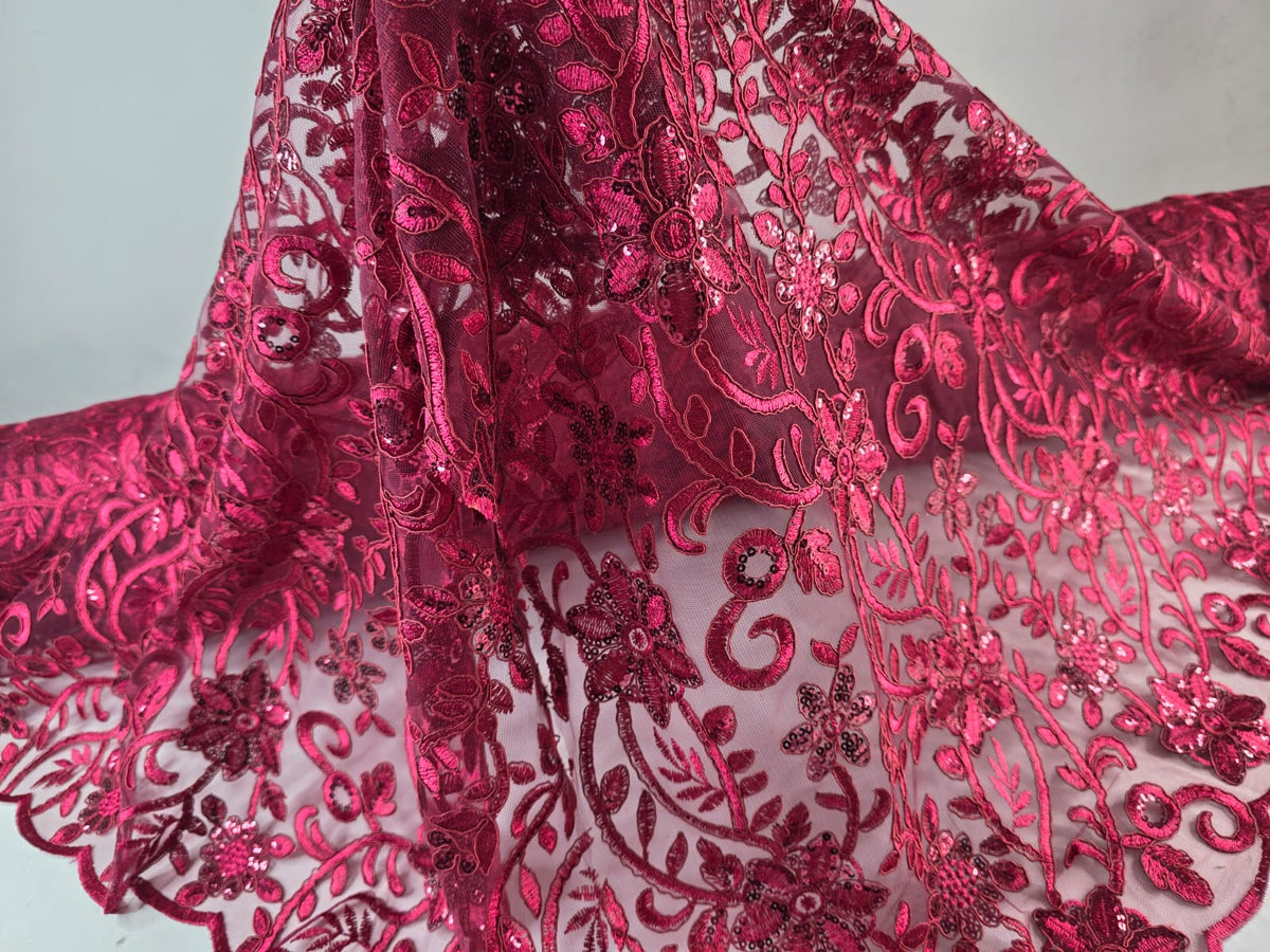 Tul Bordado Con Diseño Floral Con Lentejuela Color Vino -HH193 — Palacio Glamour