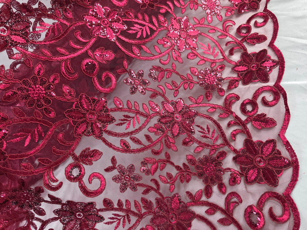 Tul Bordado Con Diseño Floral Con Lentejuela Color Vino -HH193 — Palacio Glamour