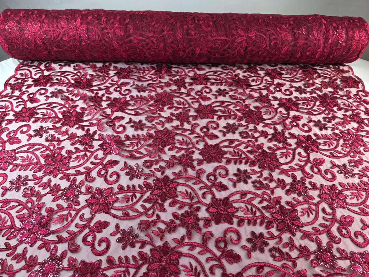 Tul Bordado Con Diseño Floral Con Lentejuela Color Vino -HH193 — Palacio Glamour