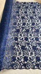 Tul Bordado Con Diseño Floral Con Lentejuela Color Marino -HH193 — Palacio Glamour