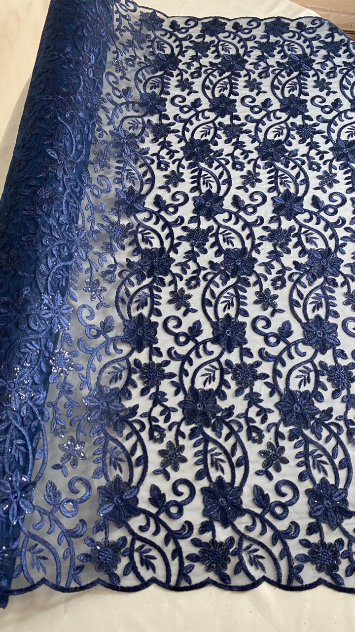 Tul Bordado Con Diseño Floral Con Lentejuela Color Marino -HH193 — Palacio Glamour