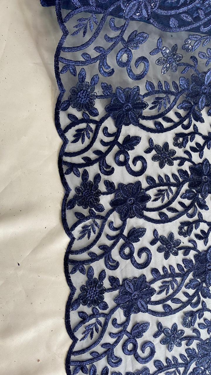 Tul Bordado Con Diseño Floral Con Lentejuela Color Marino -HH193 — Palacio Glamour