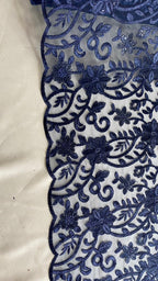 Tul Bordado Con Diseño Floral Con Lentejuela Color Marino -HH193 — Palacio Glamour