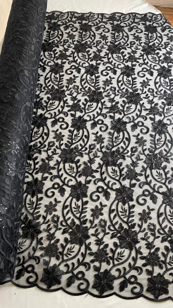Tul Bordado Con Diseño Floral Con Lentejuela Color Negro -HH193 — Palacio Glamour