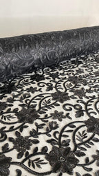 Tul Bordado Con Diseño Floral Con Lentejuela Color Negro -HH193 — Palacio Glamour