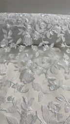 Tul Bordado Diseño Floral Con Lentejuela Color Blanco-HH195 — Palacio Glamour