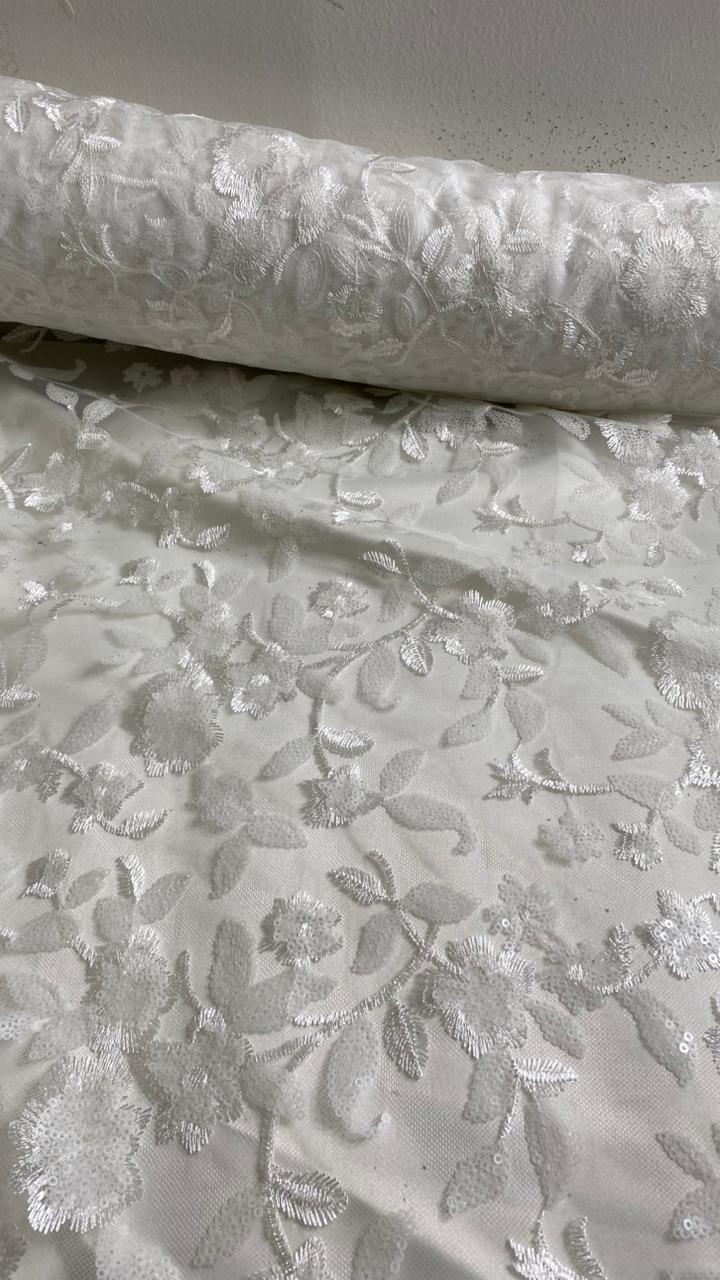 Tul Bordado Diseño Floral Con Lentejuela Color Hueso-HH195 — Palacio Glamour