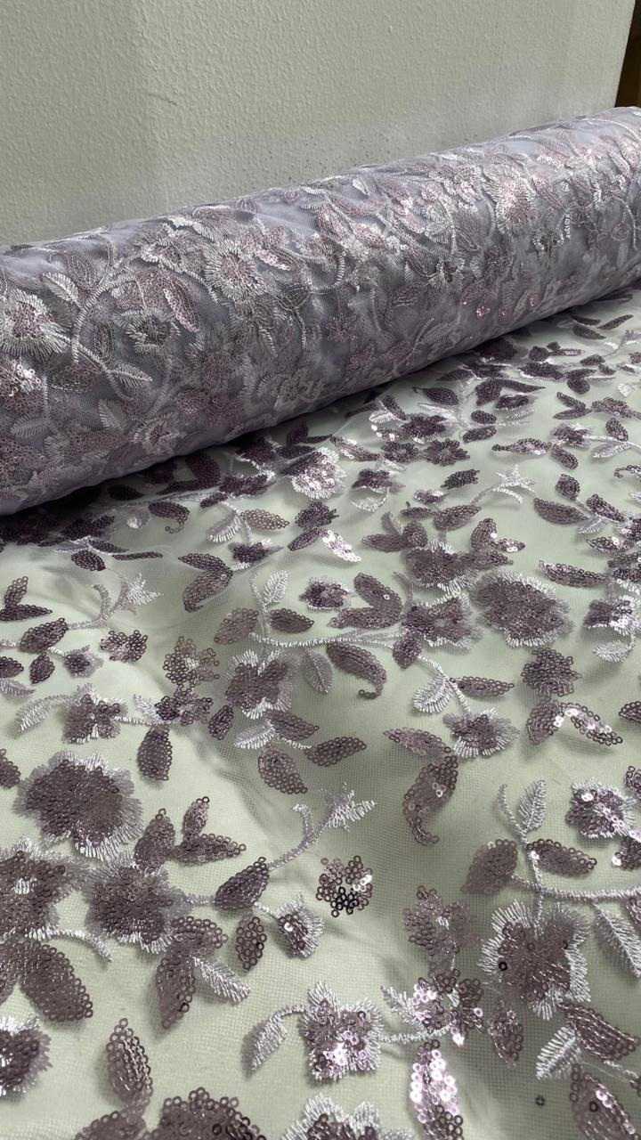 Tul Bordado Diseño Floral Con Lentejuela Color Lila-HH195 — Palacio Glamour
