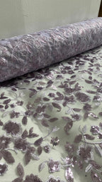 Tul Bordado Diseño Floral Con Lentejuela Color Lila-HH195 — Palacio Glamour