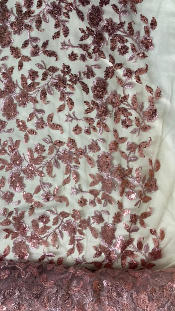 Tul Bordado Diseño Floral Con Lentejuela Color Palo de Rosa -HH195 — Palacio Glamour