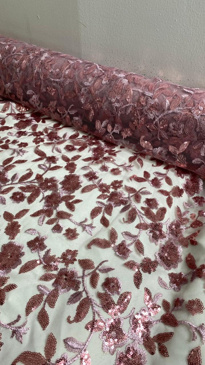 Tul Bordado Diseño Floral Con Lentejuela Color Palo de Rosa -HH195 — Palacio Glamour