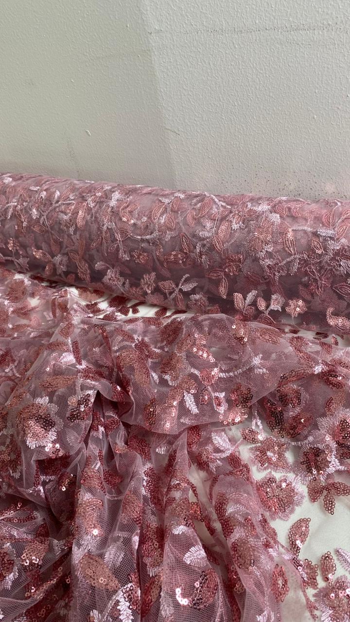 Tul Bordado Diseño Floral Con Lentejuela Color Palo de Rosa -HH195 — Palacio Glamour