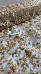 Tul Bordado Diseño Floral Con Lentejuela Color Oro-HH195 — Palacio Glamour