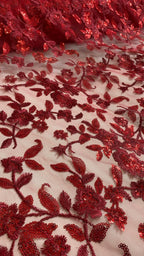 Tul Bordado Diseño Floral Con Lentejuela Color Vino -HH195 — Palacio Glamour
