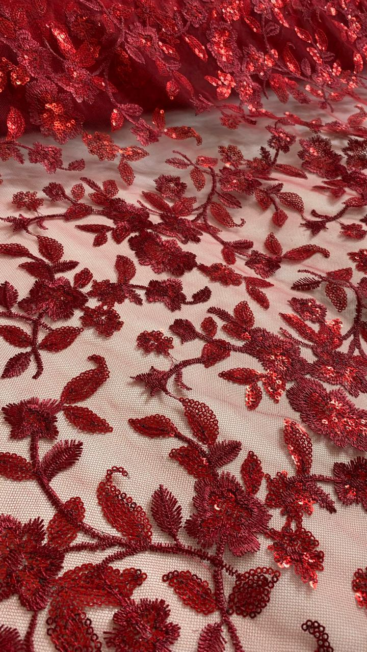 Tul Bordado Diseño Floral Con Lentejuela Color Vino -HH195 — Palacio Glamour