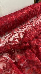 Tul Bordado Diseño Floral Con Lentejuela Color Vino -HH195 — Palacio Glamour