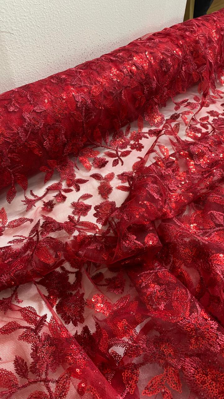 Tul Bordado Diseño Floral Con Lentejuela Color Vino -HH195 — Palacio Glamour