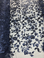 Tul Bordado Diseño Floral Con Lentejuela Color Marino -HH195 — Palacio Glamour