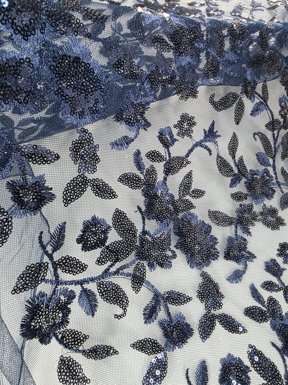 Tul Bordado Diseño Floral Con Lentejuela Color Marino -HH195 — Palacio Glamour