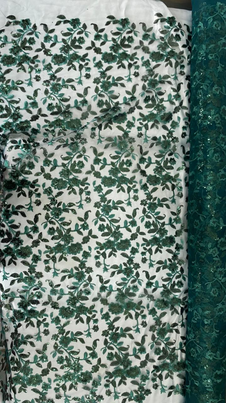 Tul Bordado Diseño Floral Con Lentejuela Color Botella -HH195 — Palacio Glamour