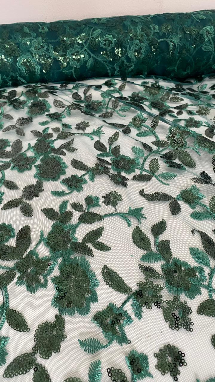Tul Bordado Diseño Floral Con Lentejuela Color Botella -HH195 — Palacio Glamour