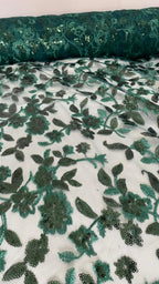 Tul Bordado Diseño Floral Con Lentejuela Color Botella -HH195 — Palacio Glamour