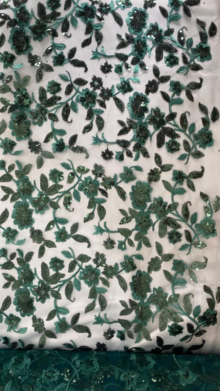 Tul Bordado Diseño Floral Con Lentejuela Color Botella -HH195 — Palacio Glamour