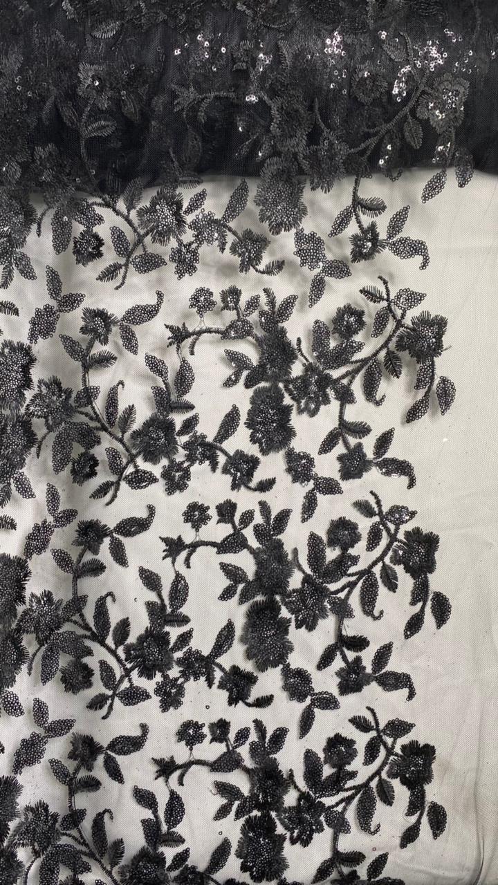 Tul Bordado Diseño Floral Con Lentejuela Color Negro -HH195 — Palacio Glamour