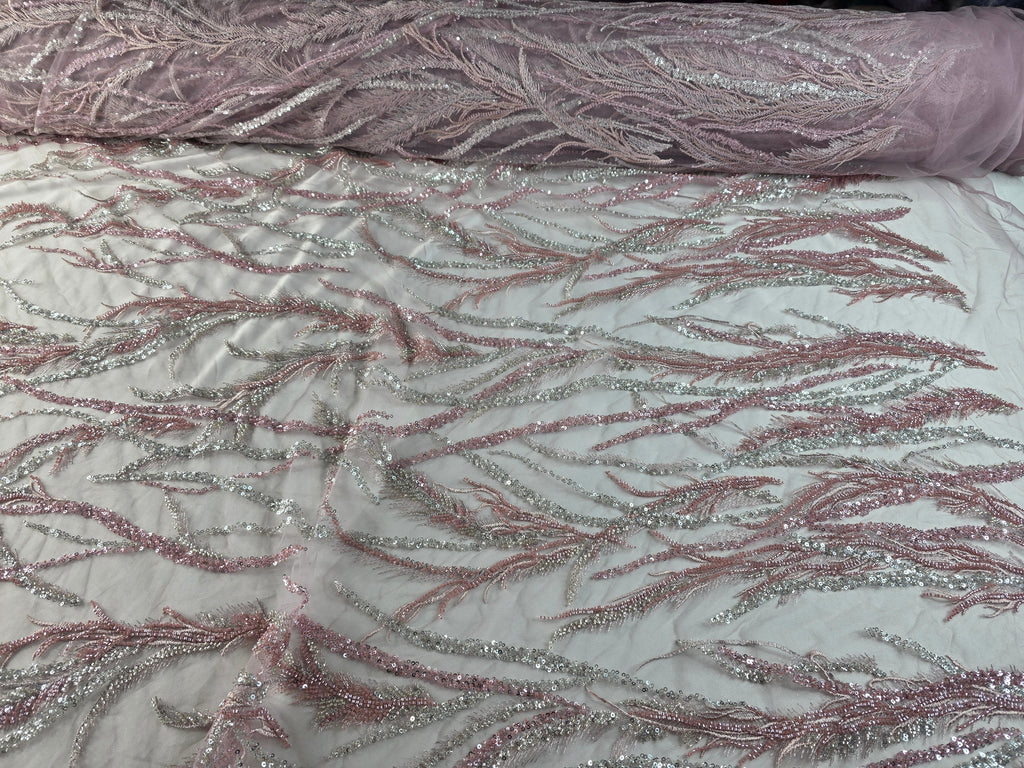 Tul Bordado Con Ramas En Lentejuela Y Chaquira Color Rosa -HH196 — Palacio Glamour
