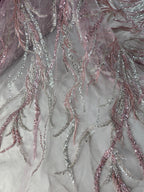 Tul Bordado Con Ramas En Lentejuela Y Chaquira Color Rosa -HH196 — Palacio Glamour