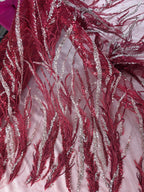 Tul Bordado Con Ramas En Lentejuela Y Chaquira Color Vino -HH196 — Palacio Glamour