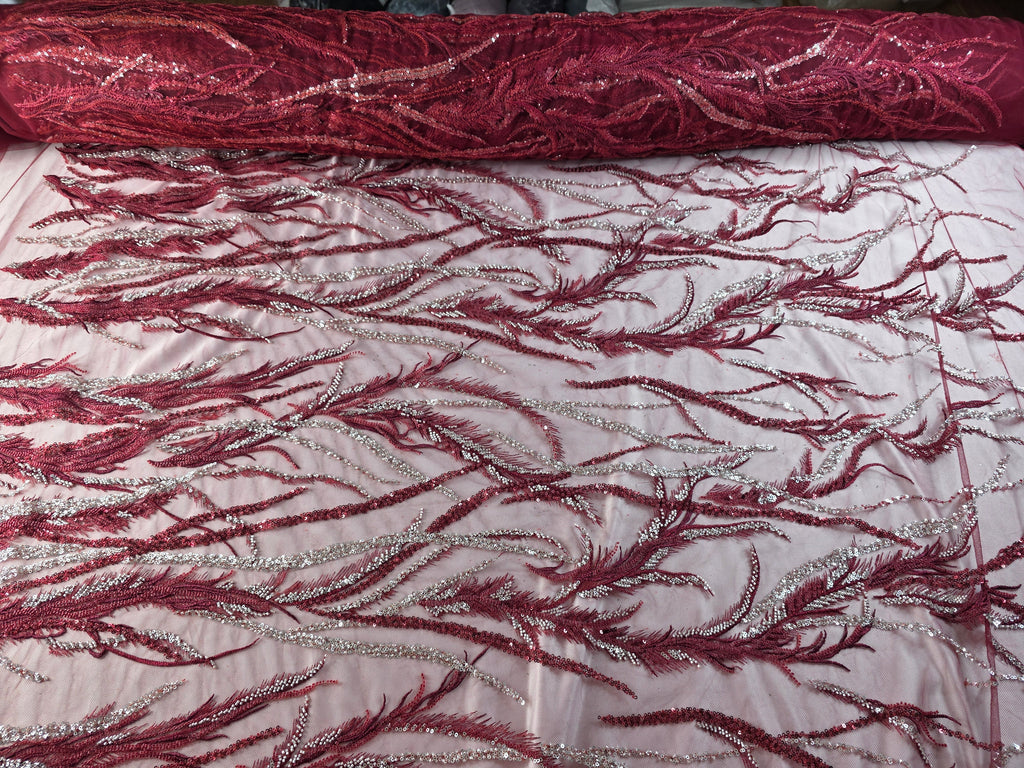 Tul Bordado Con Ramas En Lentejuela Y Chaquira Color Vino -HH196 — Palacio Glamour