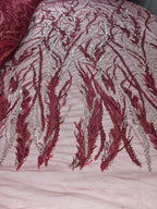 Tul Bordado Con Ramas En Lentejuela Y Chaquira Color Vino -HH196 — Palacio Glamour