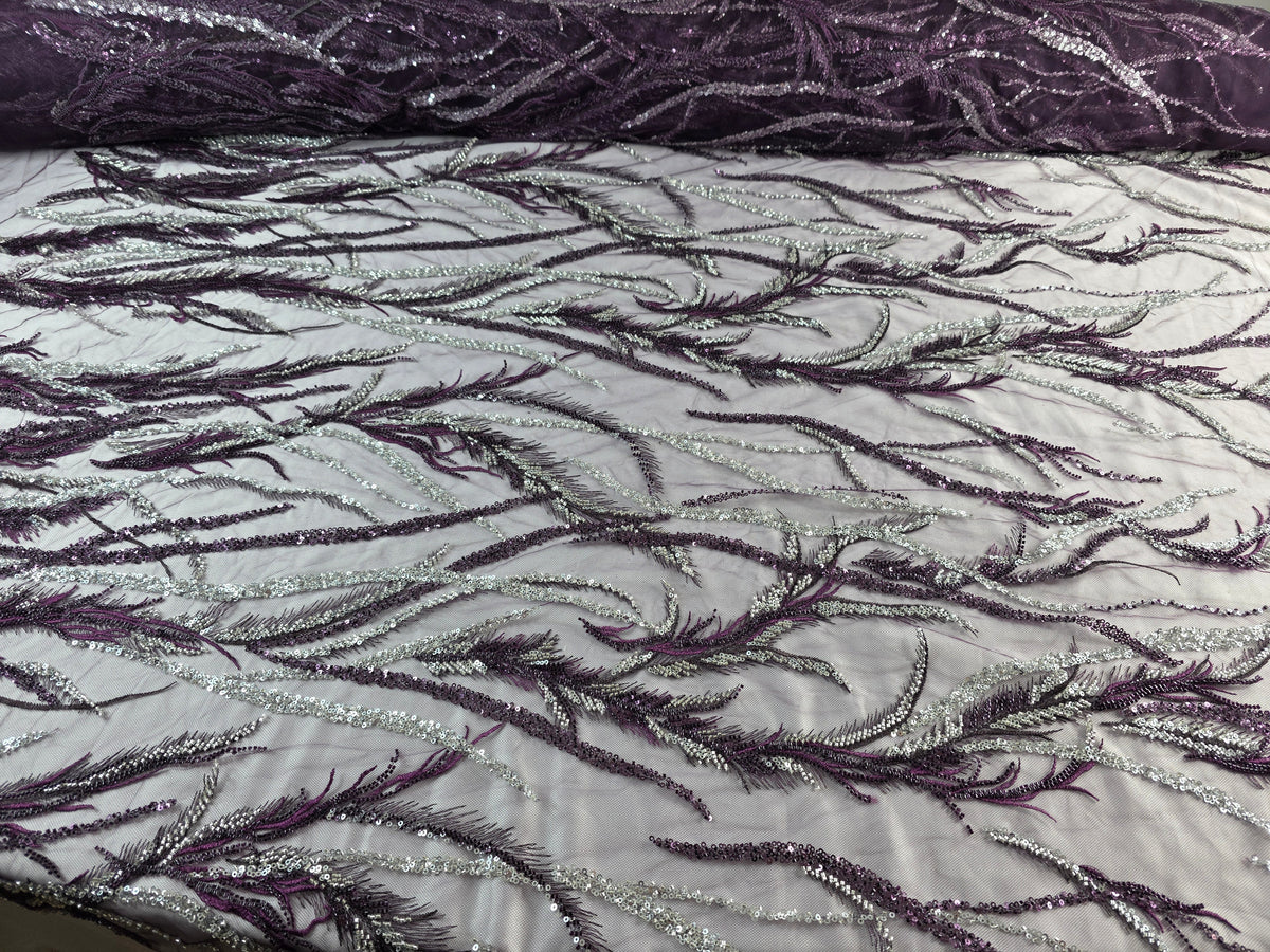 Tul Bordado Con Ramas En Lentejuela Y Chaquira Color Morado Uva -HH196 — Palacio Glamour