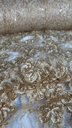 Tul Bordado Diseño Floral Con Lentejuela Color Oro -HH198 — Palacio Glamour