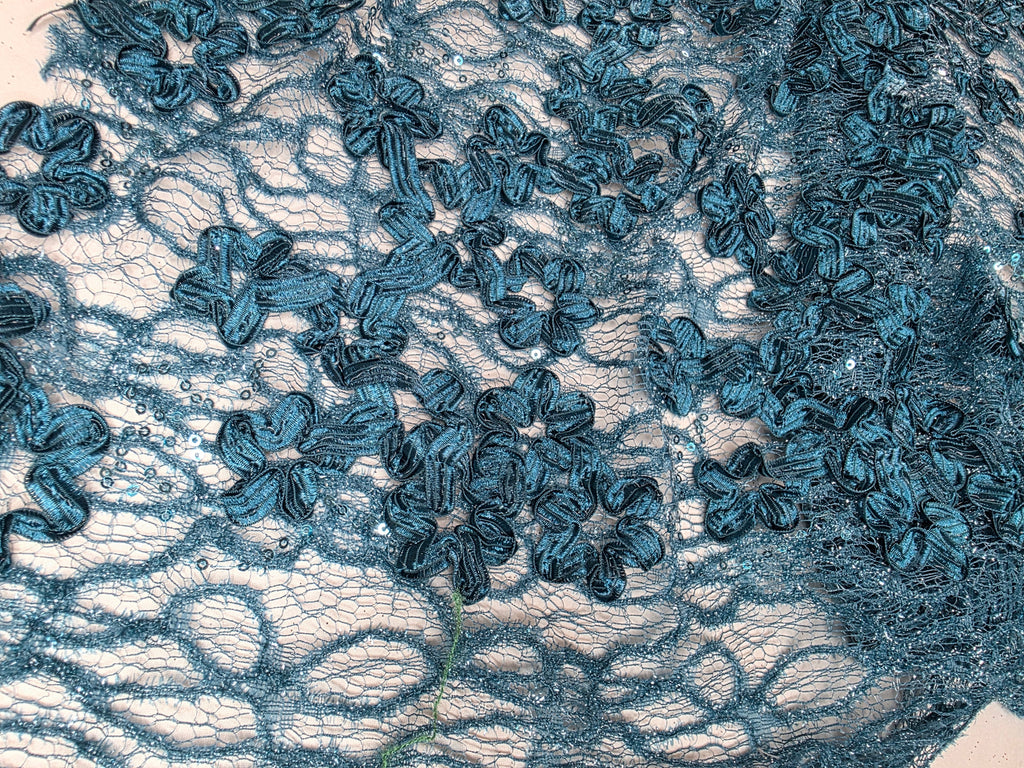 Tul Bordado Diseño Floral Con Lentejuela Color Petroleo Obscuro -HH198 — Palacio Glamour