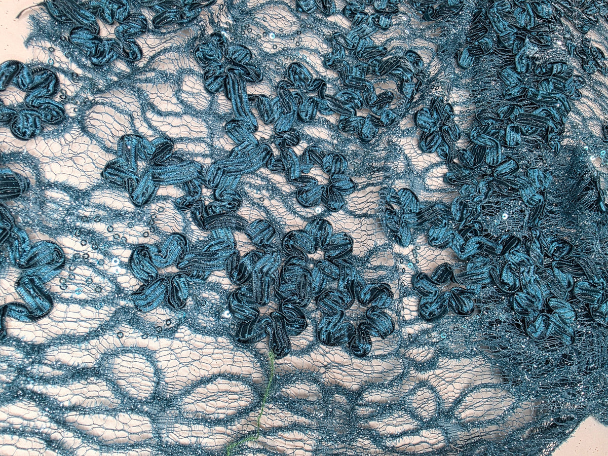 Tul Bordado Diseño Floral Con Lentejuela Color Petroleo Obscuro -HH198 — Palacio Glamour