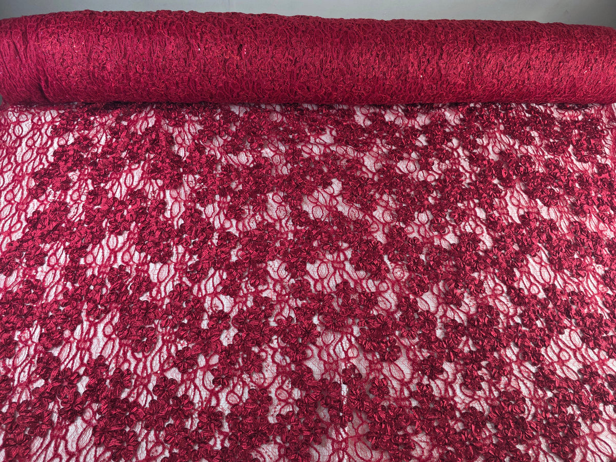 Tul Bordado Diseño Floral Con Lentejuela Color Vino -HH198 — Palacio Glamour