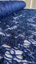 Tul Bordado Diseño Floral Con Lentejuela Color Azul Marino -HH198 — Palacio Glamour