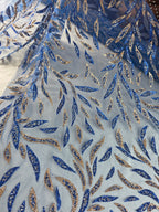 Tul Bordado Con Diseño Aplicaciones de Pedrería Y Glitter Color Azul Rey -HH200 — Palacio Glamour