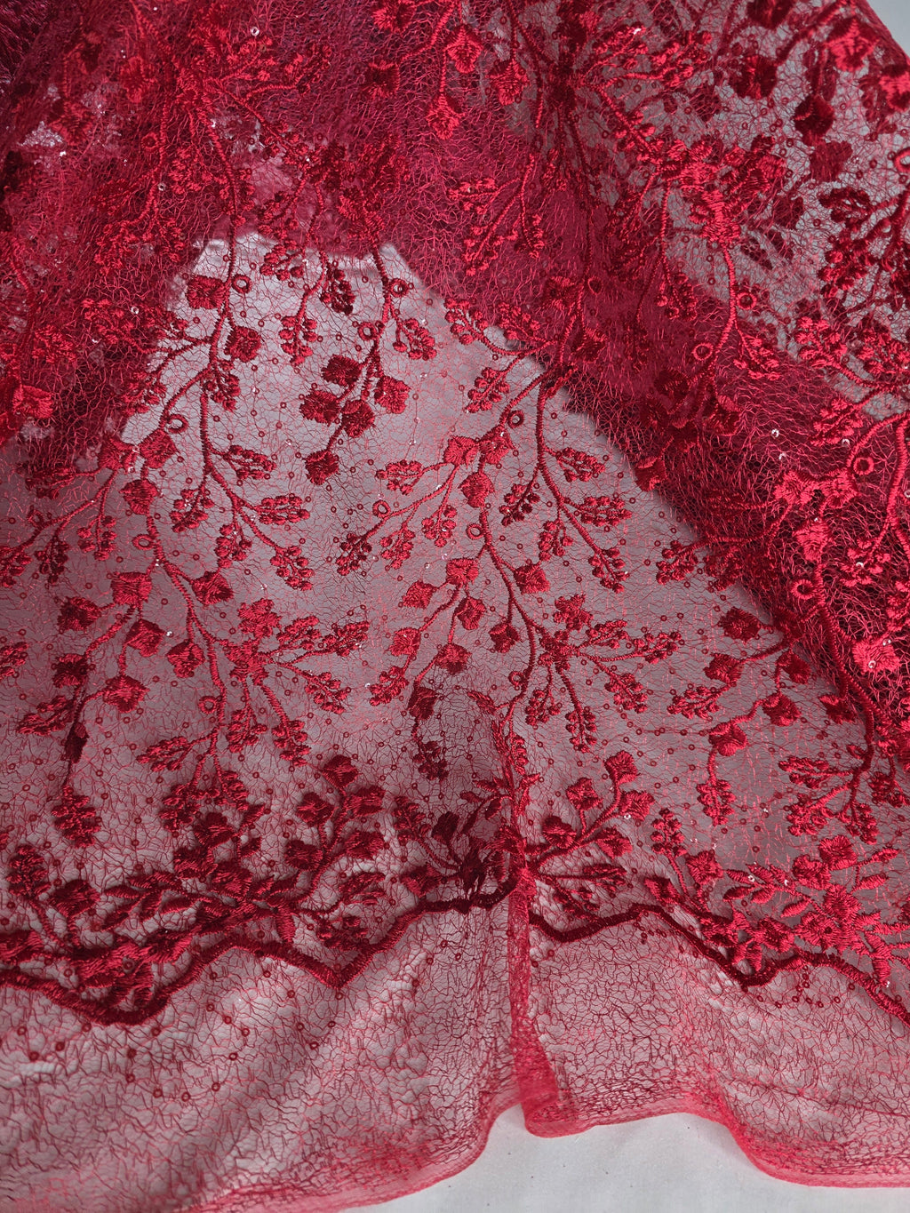 Tul Bordado Con Diseño Floral y Ramas Con Aplicaciones de Lentejuela Color Rojo-HH201 — Palacio Glamour