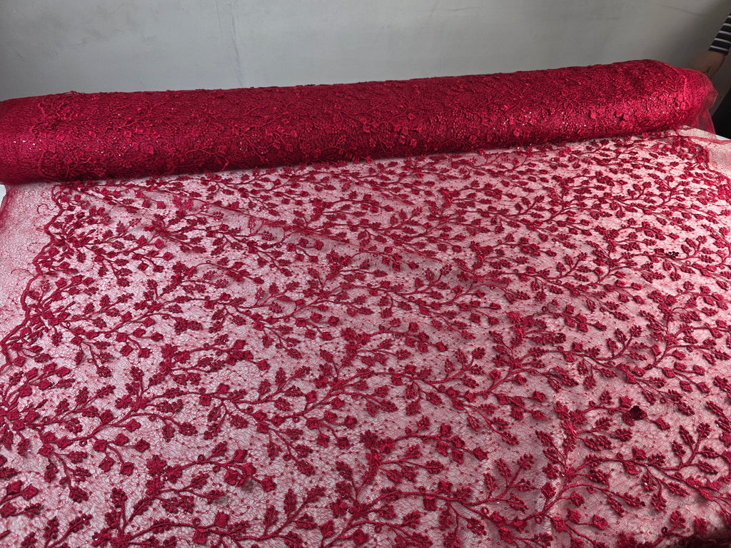 Tul Bordado Con Diseño Floral y Ramas Con Aplicaciones de Lentejuela Color Rojo-HH201 — Palacio Glamour