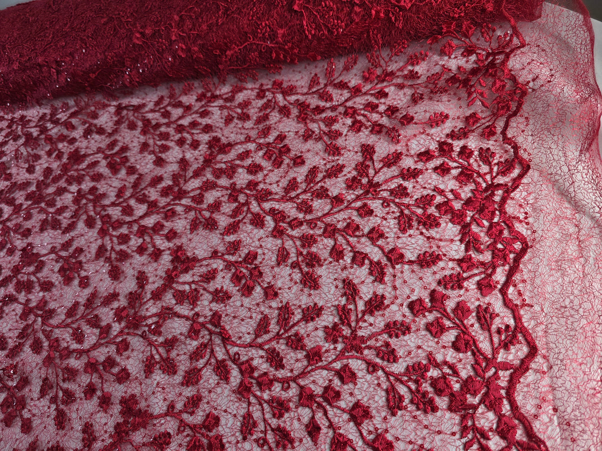 Tul Bordado Con Diseño Floral y Ramas Con Aplicaciones de Lentejuela Color Rojo-HH201 — Palacio Glamour