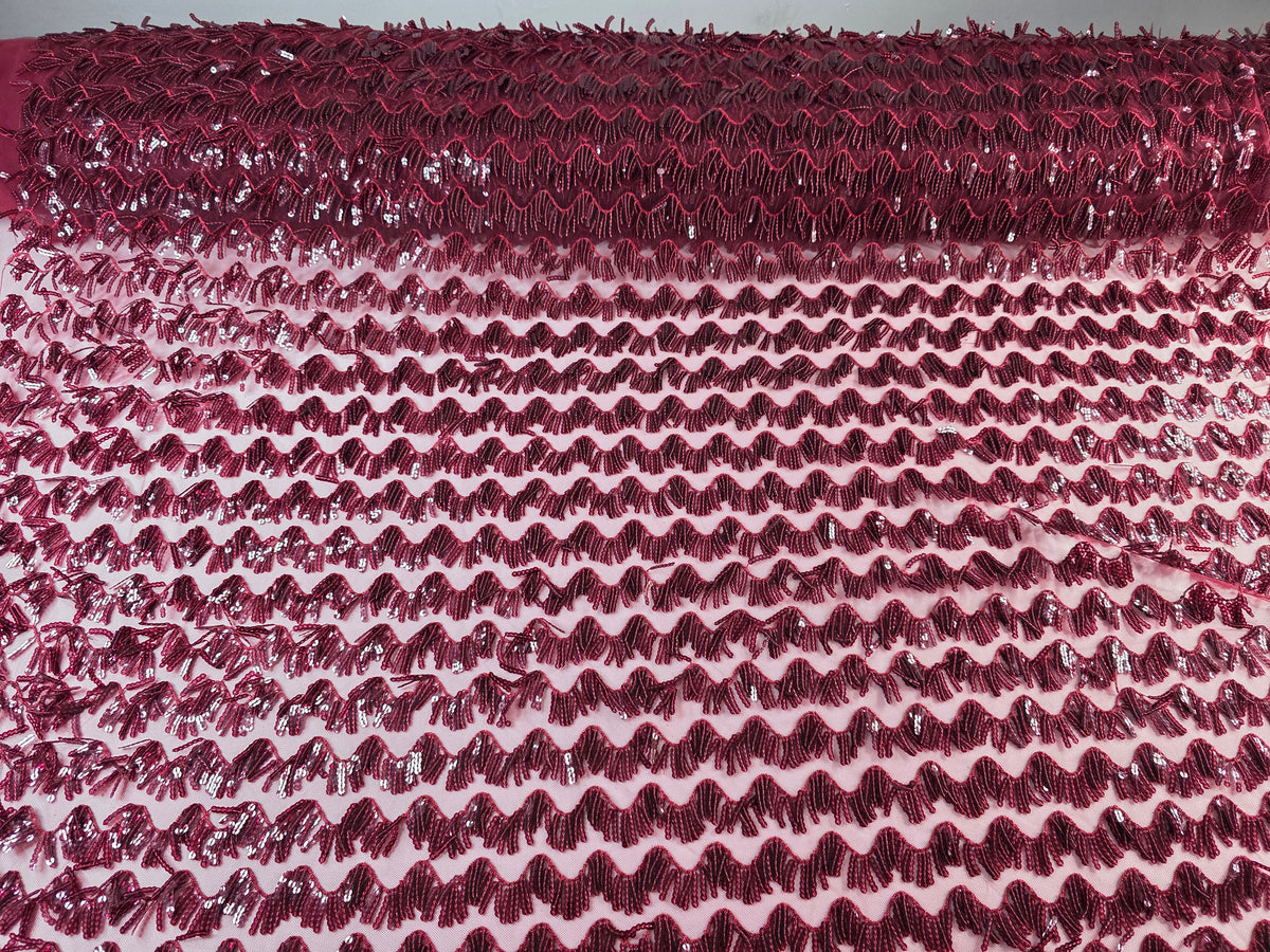 Tul Bordado Con Textura De Flequillos en Lentejuela Color Vino -HH209 — Palacio Glamour