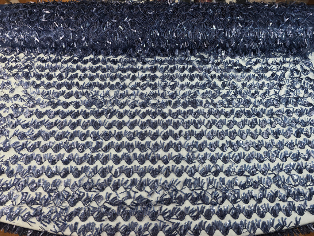 Tul Bordado Con Textura De Flequillos en Lentejuela Color Azul Marino -HH209 — Palacio Glamour