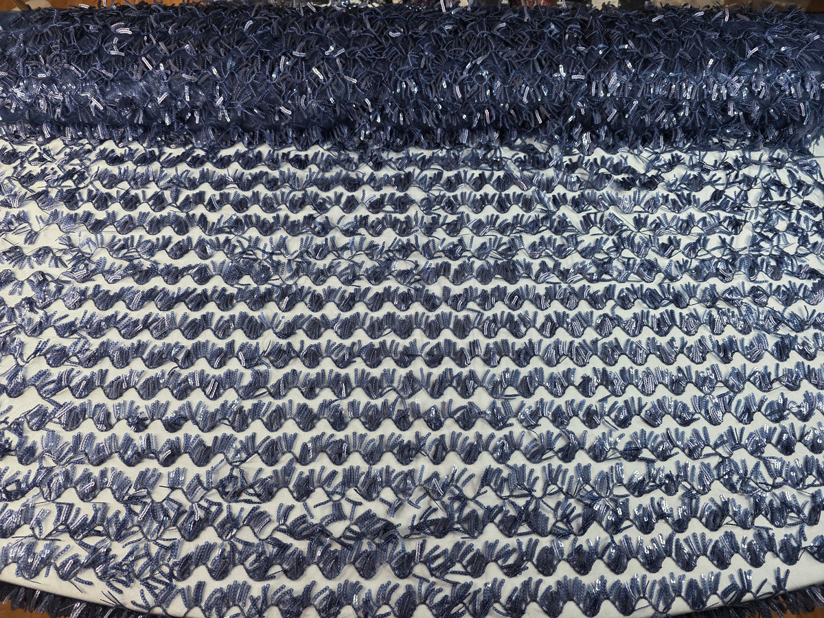 Tul Bordado Con Textura De Flequillos en Lentejuela Color Azul Marino -HH209 — Palacio Glamour