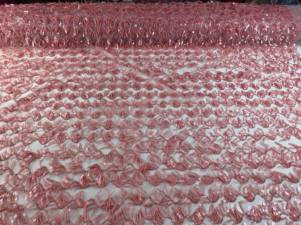 Tul Bordado Con Textura De Flequillos en Lentejuela Color Palo de Rosa -HH209 — Palacio Glamour